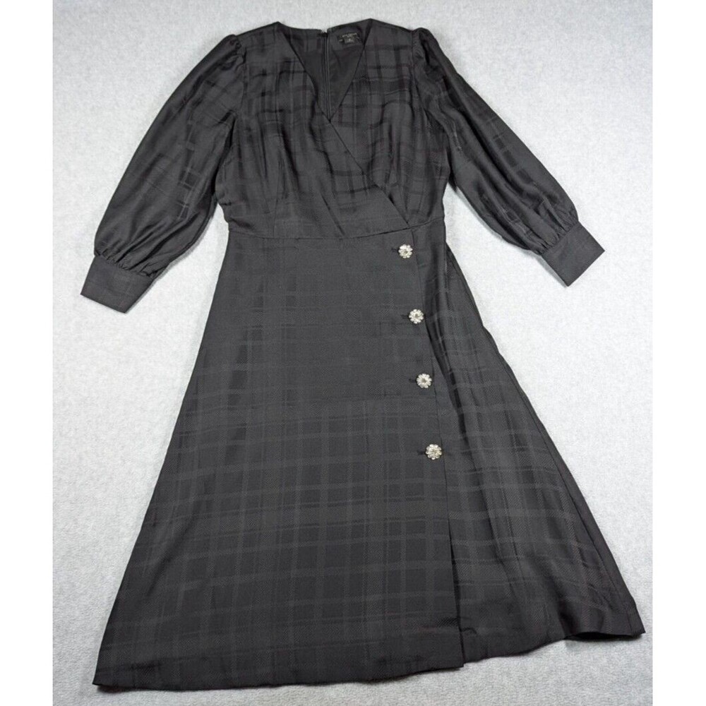 Ann Taylor Women Dress 2P Plaid Jacquard‎ Crystal Button Midi Puff 3/4 Sleeve